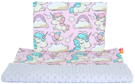 Minky Kinderwagenset - Einhorn + Grau - Bettwäsche  Kuscheldecke Decke