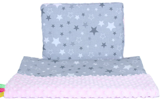 Minky Kinderwagenset - Star Dunkel + Rosa - Bettwäsche  Kuscheldecke Decke