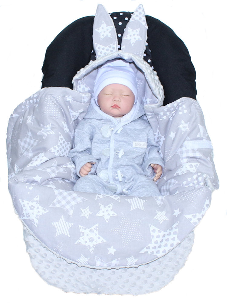 Einschlagdecke HASE - Minky- Galaxis + Grau - mit Kapuze Babyschale Decke