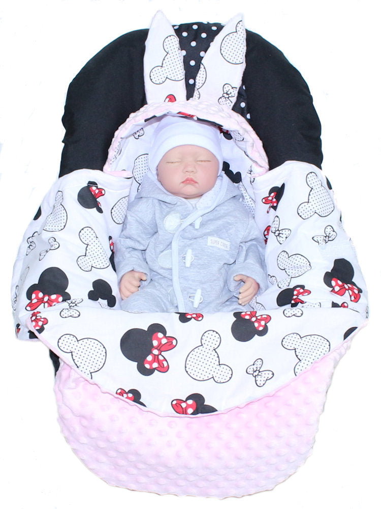 Einschlagdecke HASE - Minnie + Rosa - mit Kapuze Babyschale Decke