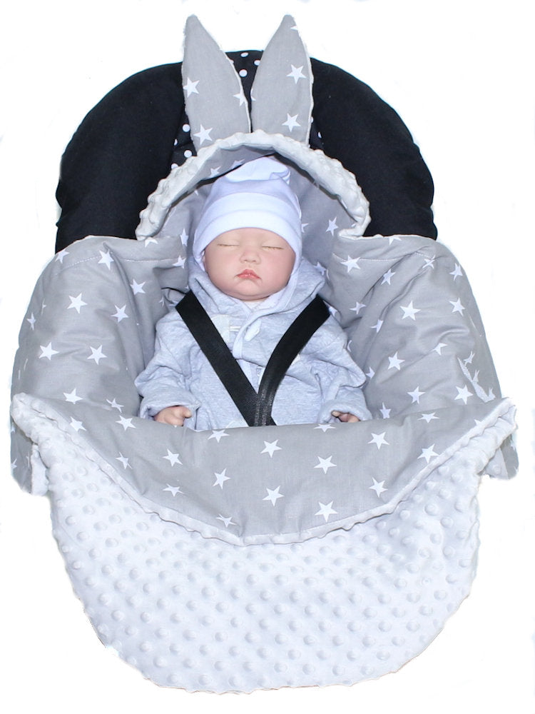 Einschlagdecke HASE - Sternchen auf Grau + Grau - mit Kapuze Babyschale Decke