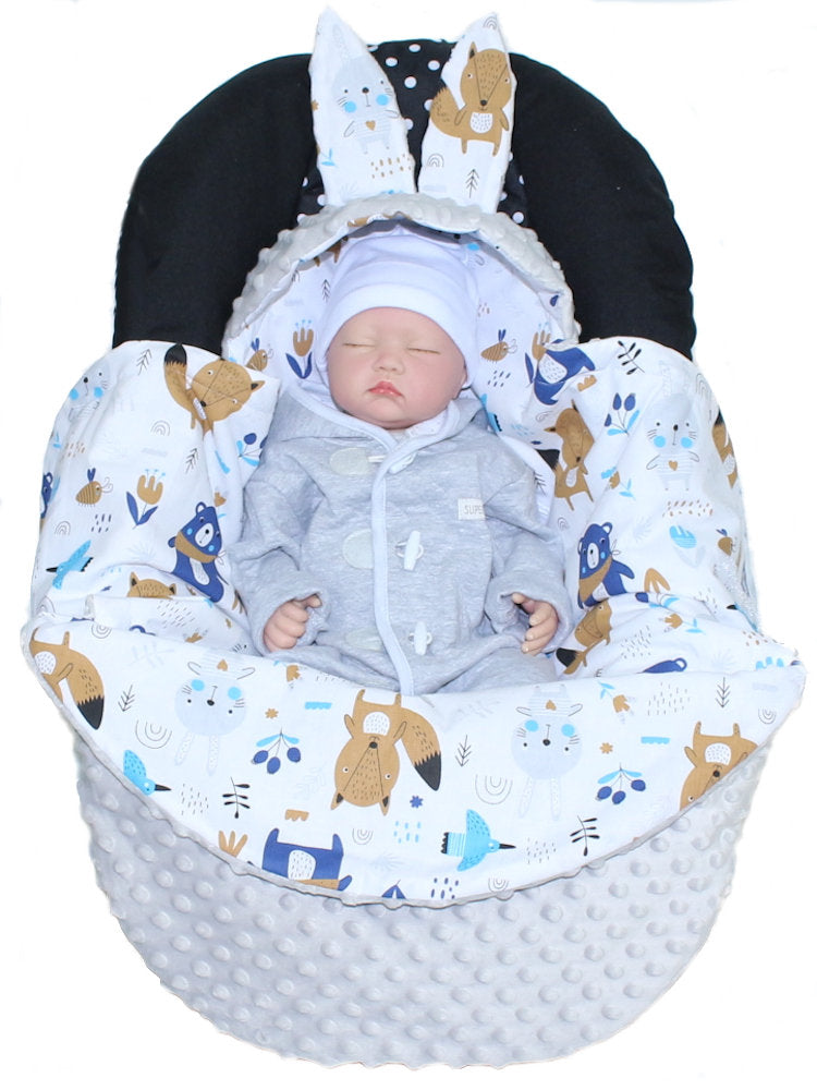 Einschlagdecke HASE - Waldtiere + Grau - mit Kapuze Babyschale Decke