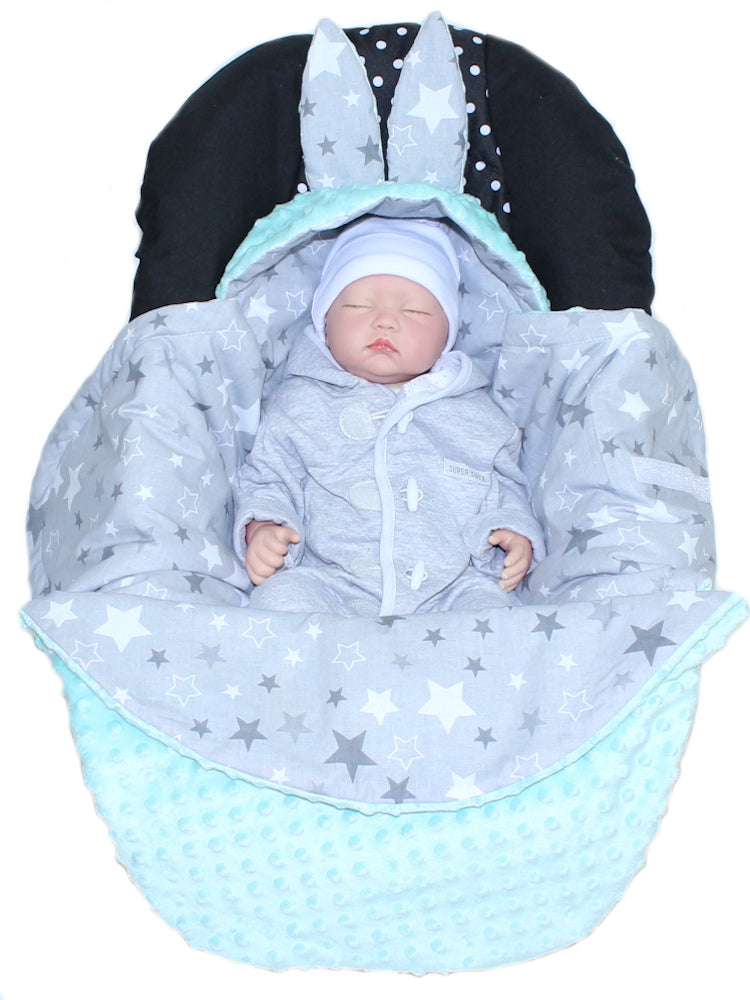 Einschlagdecke HASE - Star Dunkel + Minze- mit Kapuze Babyschale Decke