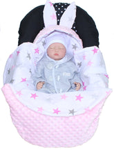 Lade das Bild in den Galerie-Viewer, Einschlagdecke HASE - Star Rosa + Rosa - mit Kapuze Babyschale Decke

