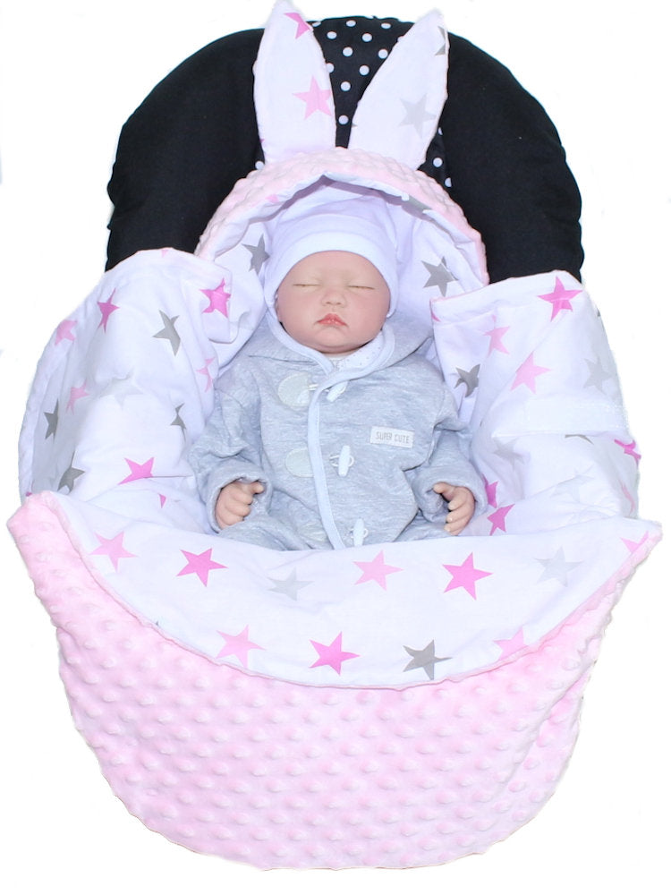 Einschlagdecke HASE - Star Rosa + Rosa - mit Kapuze Babyschale Decke
