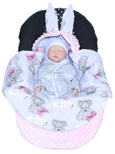 Lade das Bild in den Galerie-Viewer, Einschlagdecke HASE - Girl + Rosa - mit Kapuze Babyschale Decke
