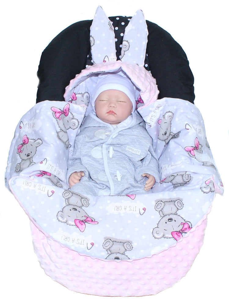 Einschlagdecke HASE - Girl + Rosa - mit Kapuze Babyschale Decke