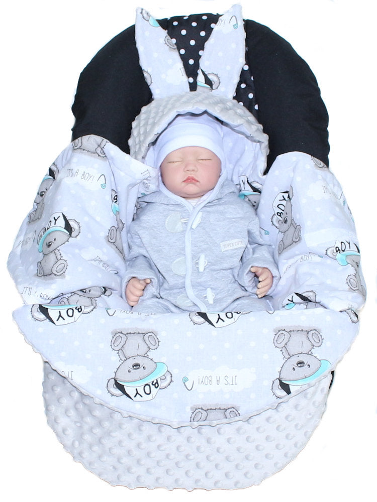 Einschlagdecke HASE - Boy + Grau - mit Kapuze Babyschale Decke