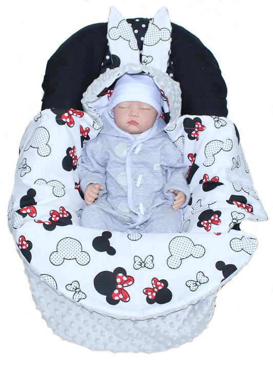 Einschlagdecke HASE - Minnie + Grau - mit Kapuze Babyschale Decke