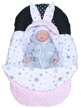 Lade das Bild in den Galerie-Viewer, Einschlagdecke HASE - Star Hell + Rosa - mit Kapuze Babyschale Decke
