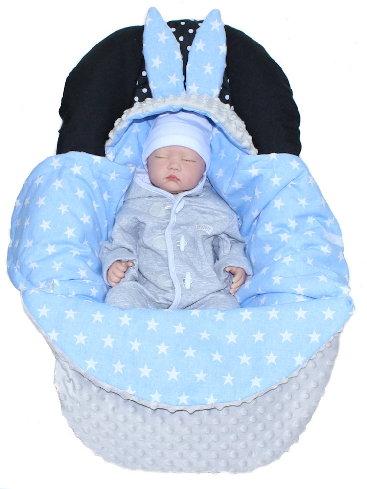 Einschlagdecke HASE - Sternchen auf Blau + Grau - mit Kapuze Babyschale Decke