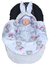 Lade das Bild in den Galerie-Viewer, Einschlagdecke HASE - Girl + Grau- mit Kapuze Babyschale Decke
