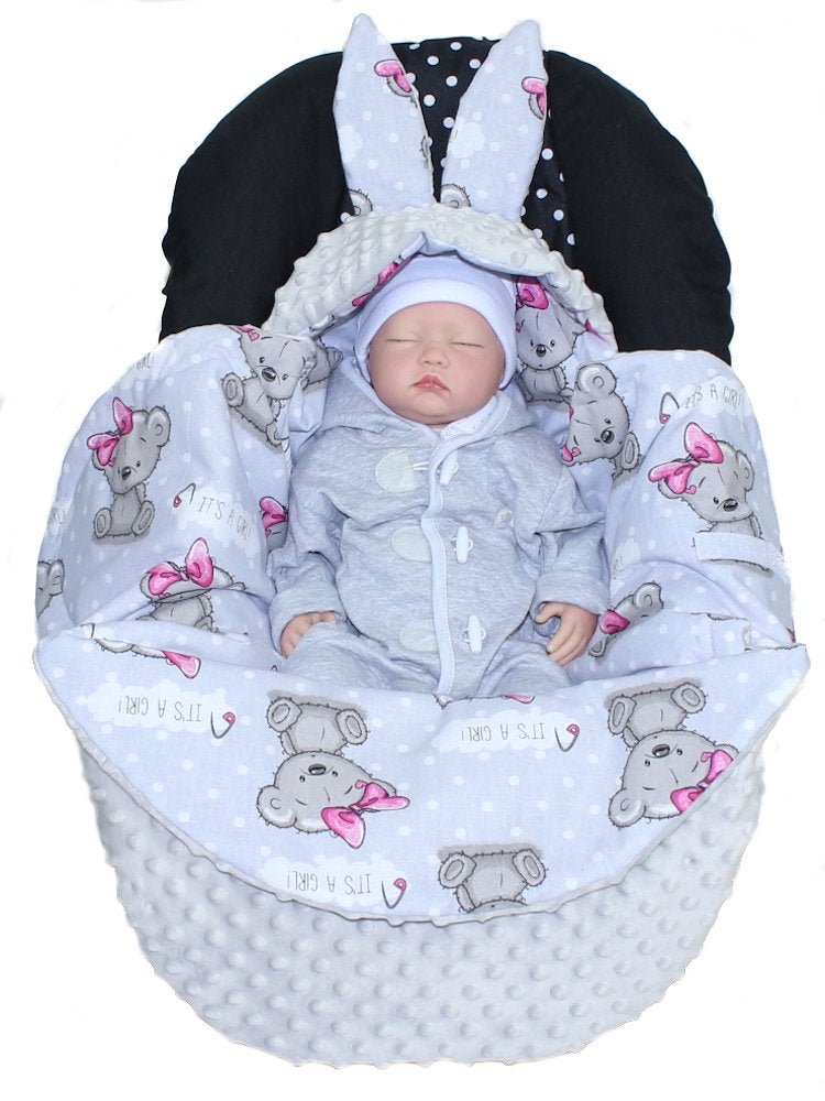 Einschlagdecke HASE - Girl + Grau- mit Kapuze Babyschale Decke