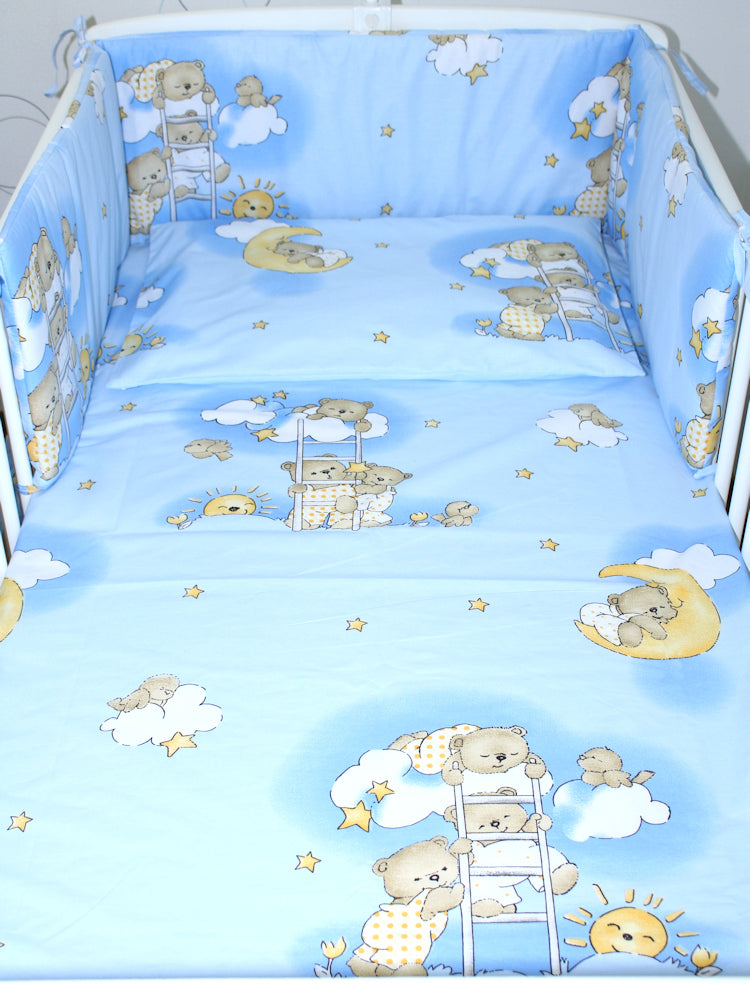 Baby Bettset - Bärchen auf Leitern Blau - 5-11 teilig mit Vollstoff Himmel