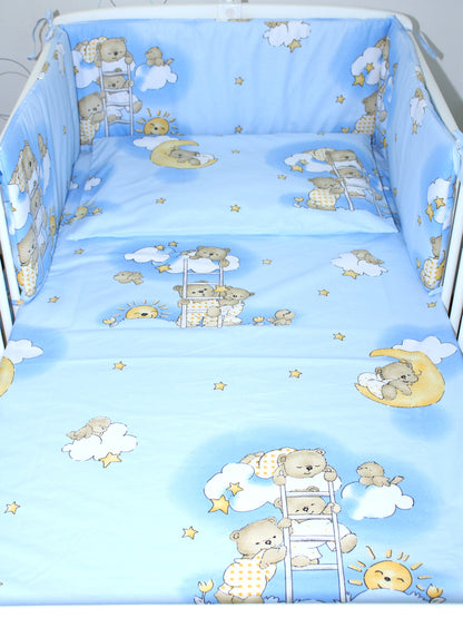 Baby Bettset - Bärchen auf Leitern Blau - 5-11 teilig mit Vollstoff Himmel