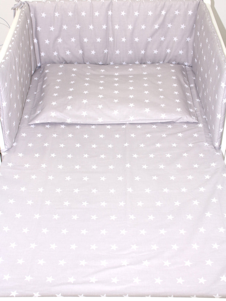 Baby Bettset - Sternchen auf Grau- 5-11 teilig mit Chiffon Himmel