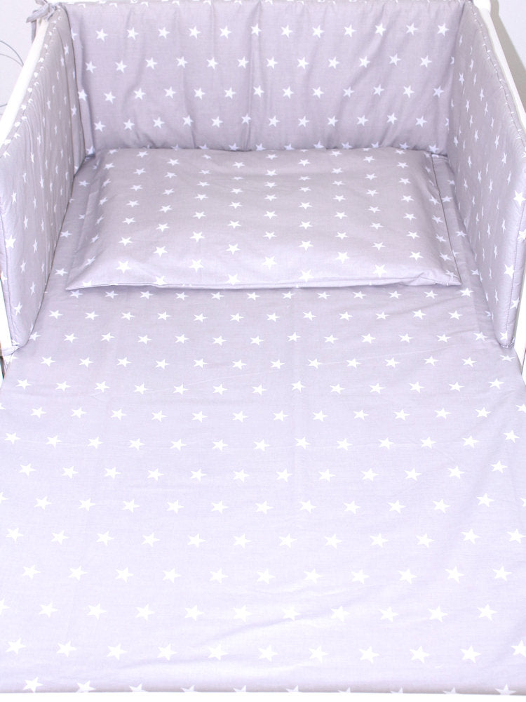Baby Bettset - Sternchen auf Grau - 5-11 teilig mit Vollstoff Himmel