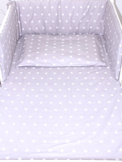 Baby Bettset - Sternchen auf Grau - 5-11 teilig mit Vollstoff Himmel