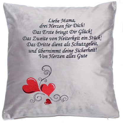 Personalisierbares Kissen für Mama / Oma - Drei Herzen - Bestickt Samtkissen