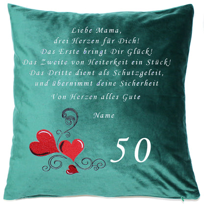 Personalisierbares Kissen für Mama / Oma - Drei Herzen - Bestickt Samtkissen