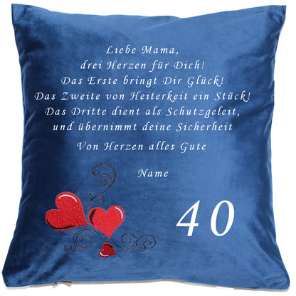 Personalisierbares Kissen für Mama / Oma - Drei Herzen - Bestickt Samtkissen