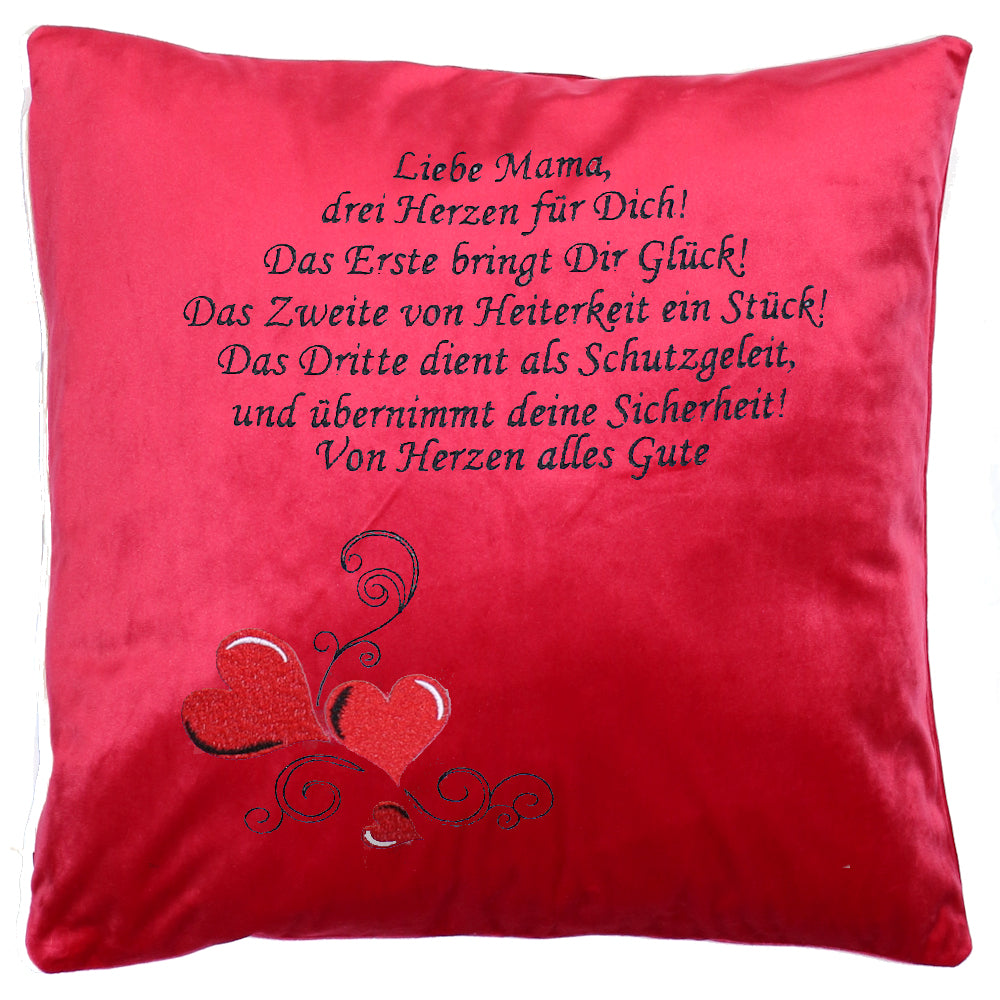 Personalisierbares Kissen für Mama / Oma - Drei Herzen - Bestickt Samtkissen