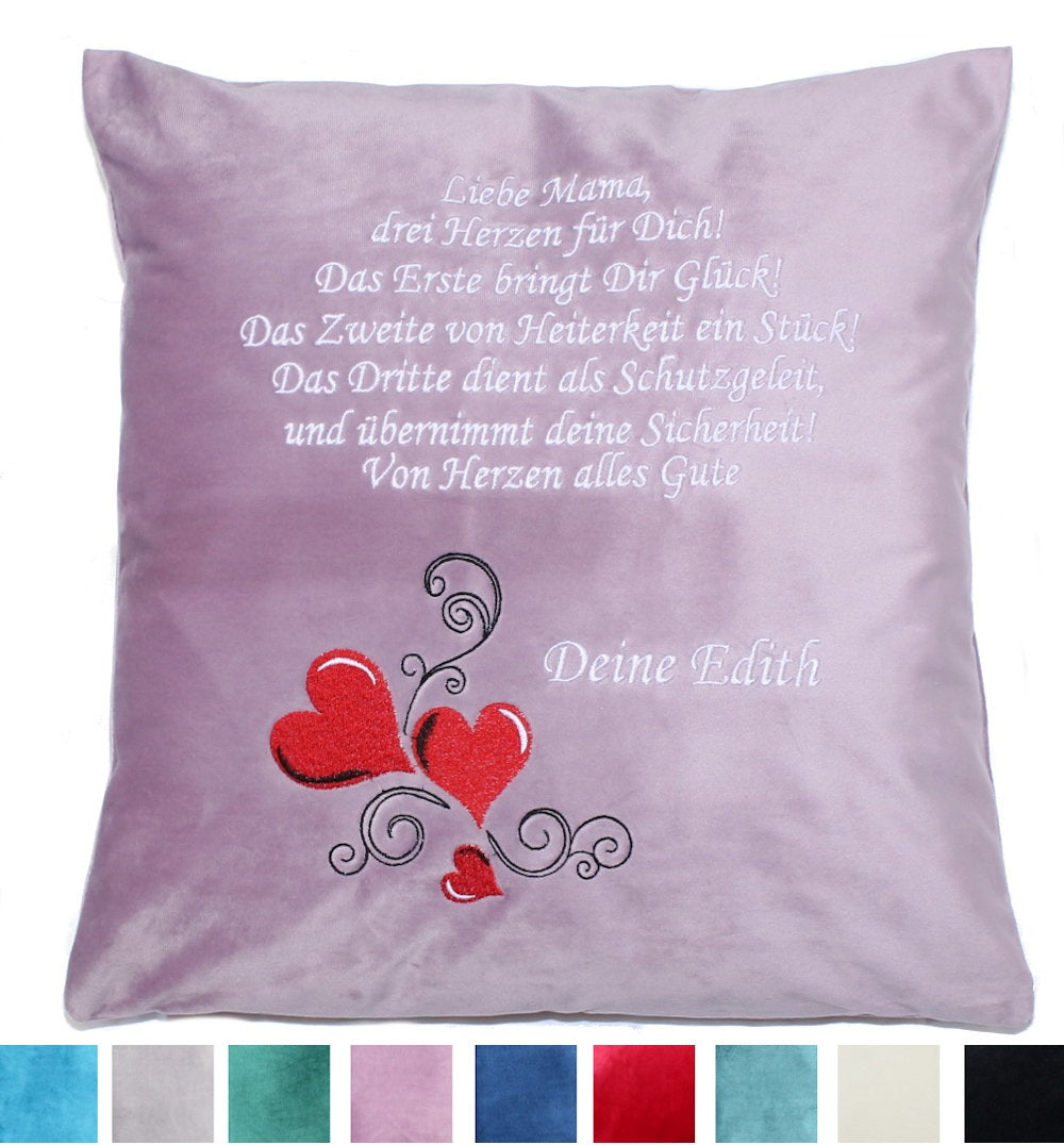 Personalisierbares Kissen für Mama / Oma - Drei Herzen - Bestickt Samtkissen
