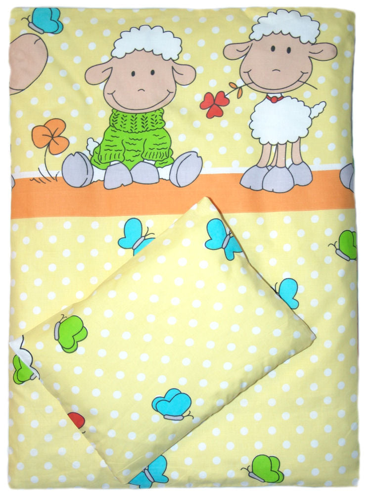 2- 4tlg Kinderwagenset - Schaf in Gelb- Bettwäsche für Kinderwagen Bezüge Decke Kissen
