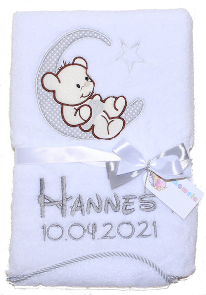 Babydecke mit Namen bestickt -Bär auf dem Mond- Weiß- Kuscheldecke