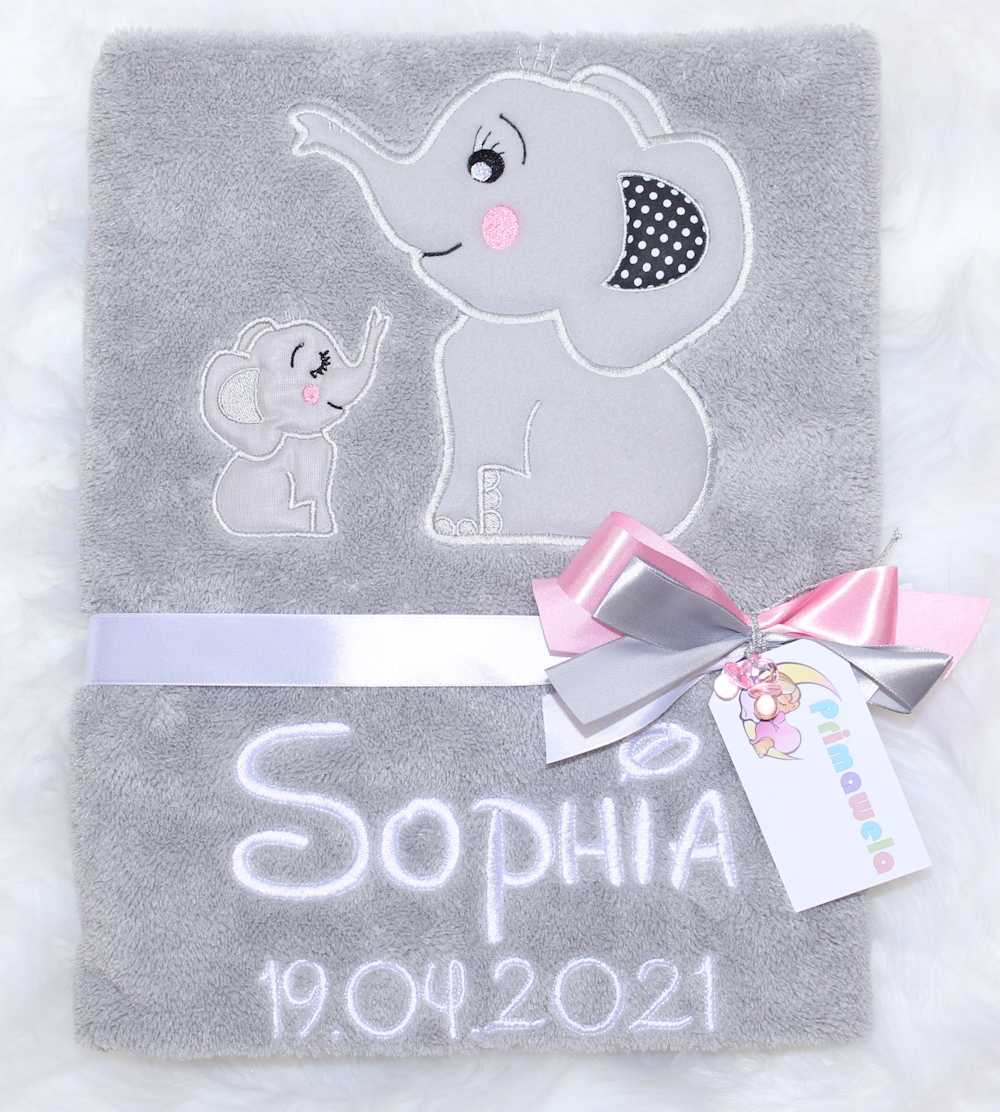 Babydecke mit Namen bestickt -Elefanten Grau- Kuscheldecke
