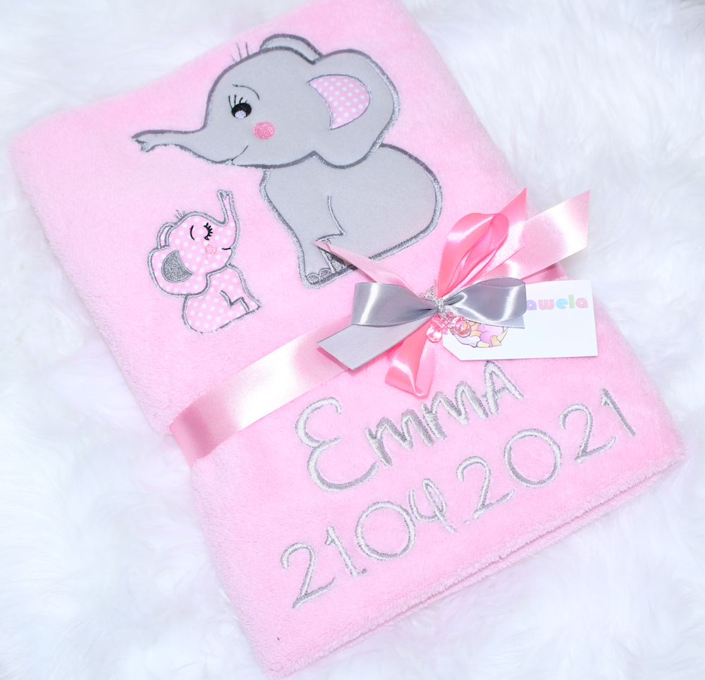 Babydecke mit Namen bestickt -Elefanten Rosa- Kuscheldecke